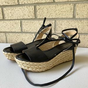 Michael Kors Woven Straw Platform Black Leather Lace Up Platform Sandal